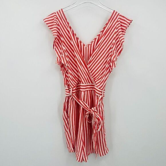 LOFT Size 2 Red & White Striped Ruffle Sleeve Belted Romper - Picture 12 of 12